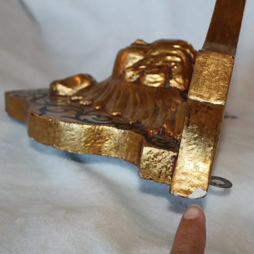 Antique vintage wood carved gilded Putti brackets Cherub Baroque golden flaws